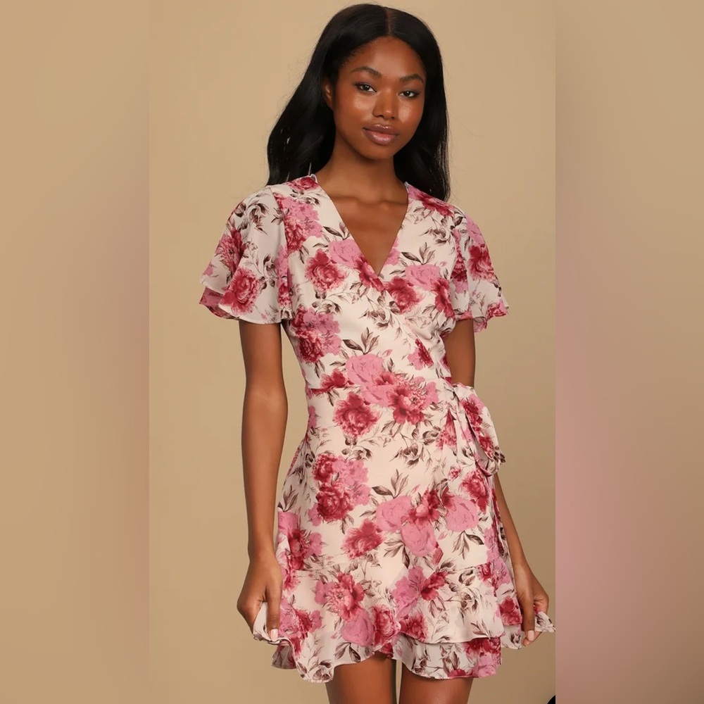 Lulus Women’s Pink Cream Flutter Sleeve Wrap Babydoll Mini Dress Size L Fairy